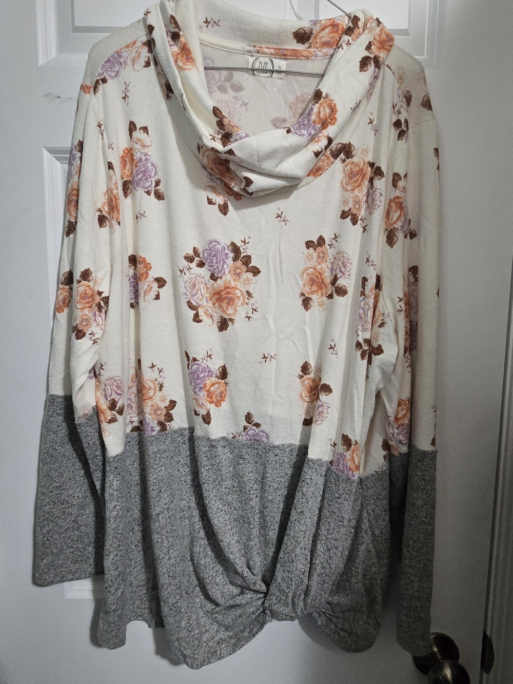 Maurices Floral Cowl Neck Pullover in Cream, Purple, Orange, Brown and Gray